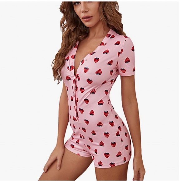 Pink Strawberry Onesie Sleep Romper - Picture 4 of 5